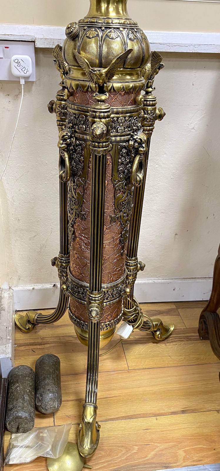 A large brass floor lamp, height 170cm